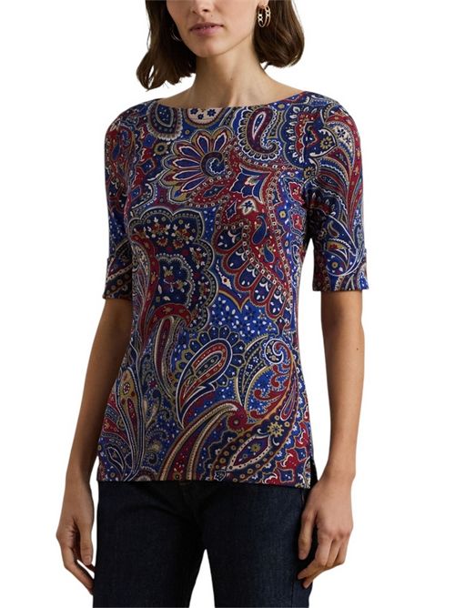 t-shirt donna fantasia cachemire blu rosso e crema Ralph Lauren | 200957613001